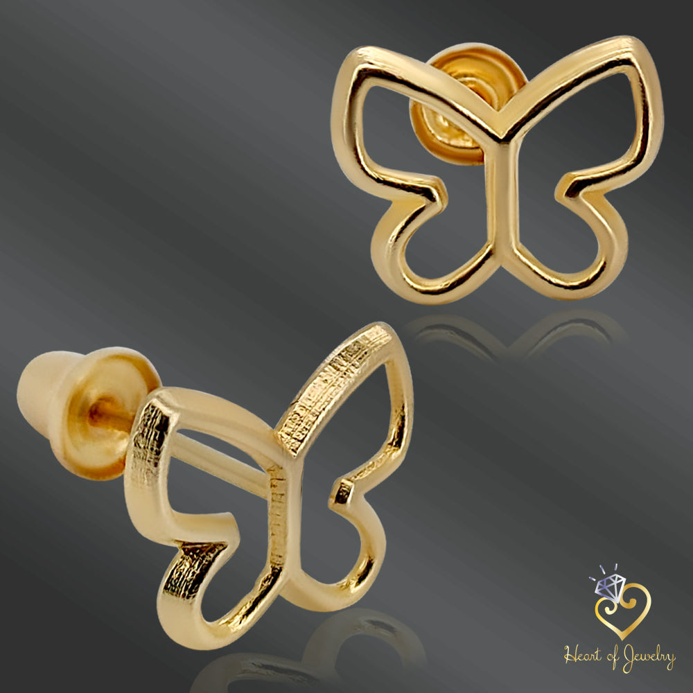 14K Solid Gold Hollow Butterfly Baby Earrings – Dainty Design with Secure Screw Backs