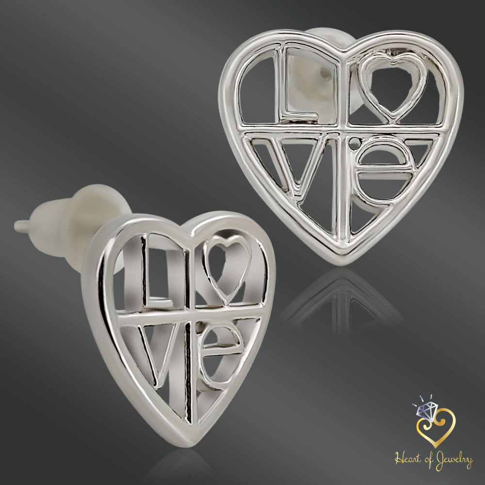 925 Sterling Silver 'LOVE' Heart Cutout Stud Earrings – Sweet & Sentimental Style