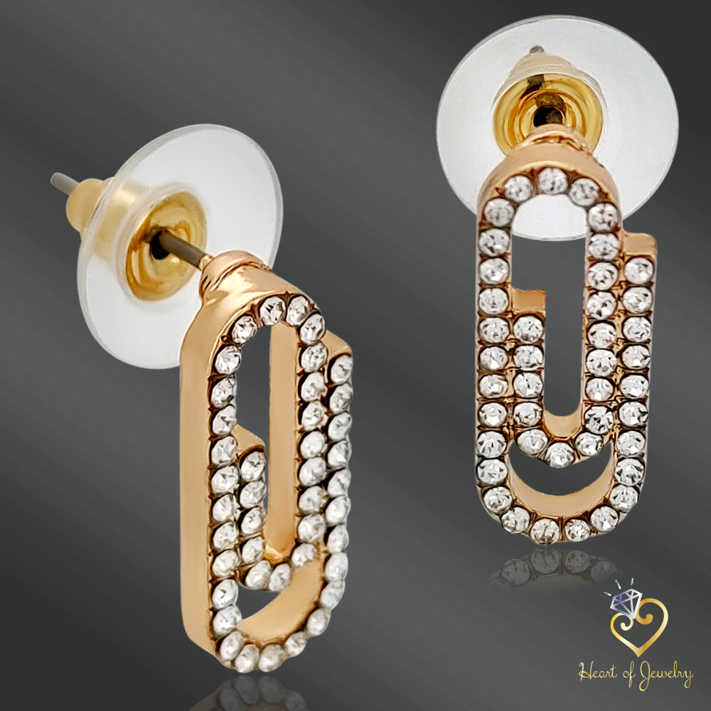 Gold Paperclip Stud Earrings – Crystal Rhinestones on Brass