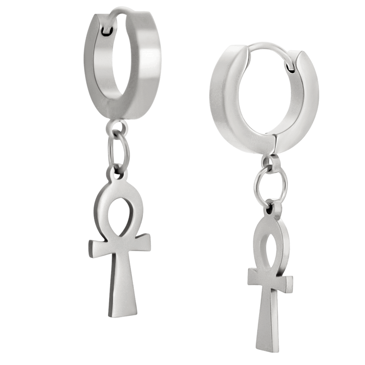Hypoallergenic 316L Stainless Steel Dangling Ankh Cross Huggies – Steel, Gold, Black & Rainbow Plated Clip-On Earrings