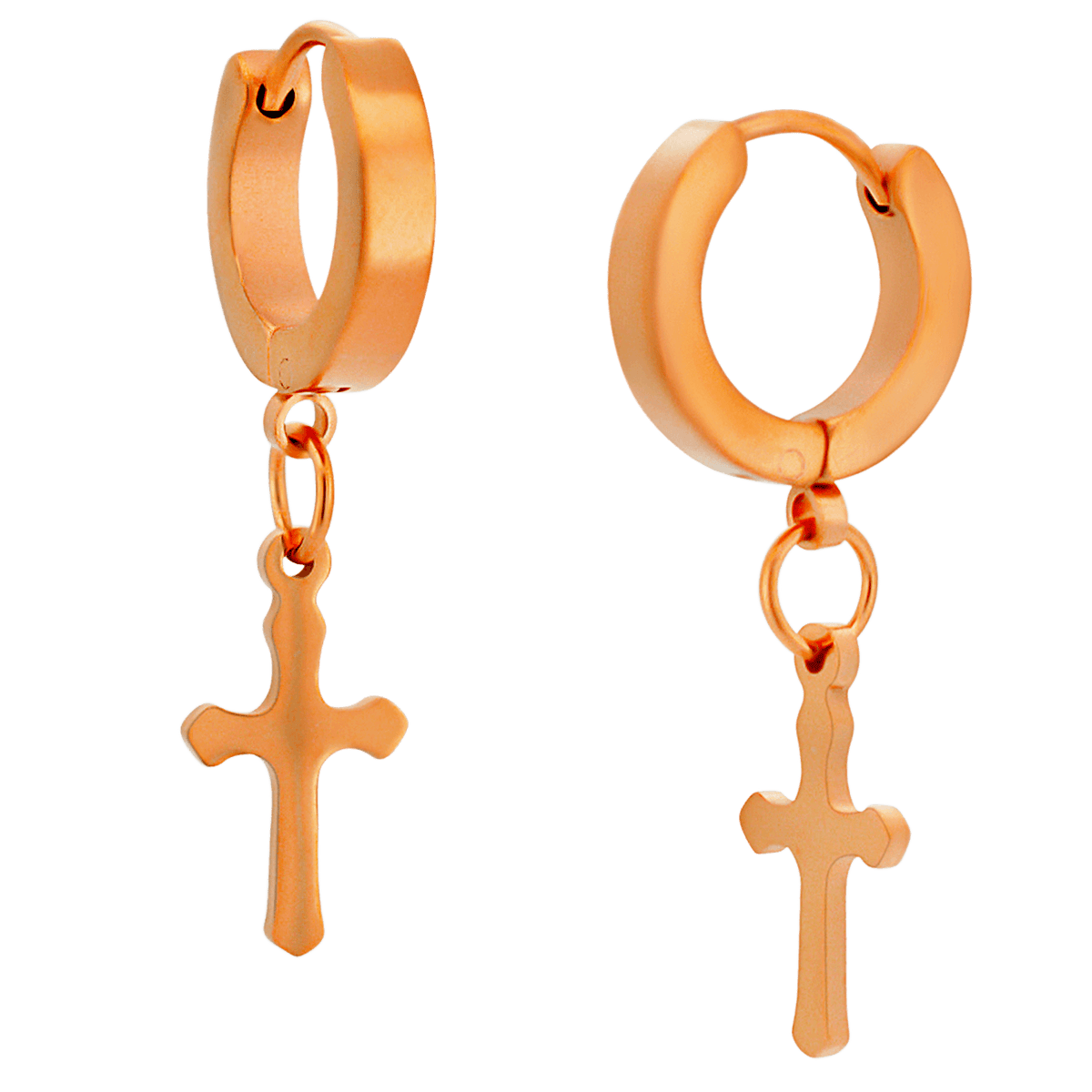 Hypoallergenic 316L Stainless Steel Dangling Cross Huggies – Steel, Gold, Black, Rose Gold & Rainbow Plated Clip-On Earrings
