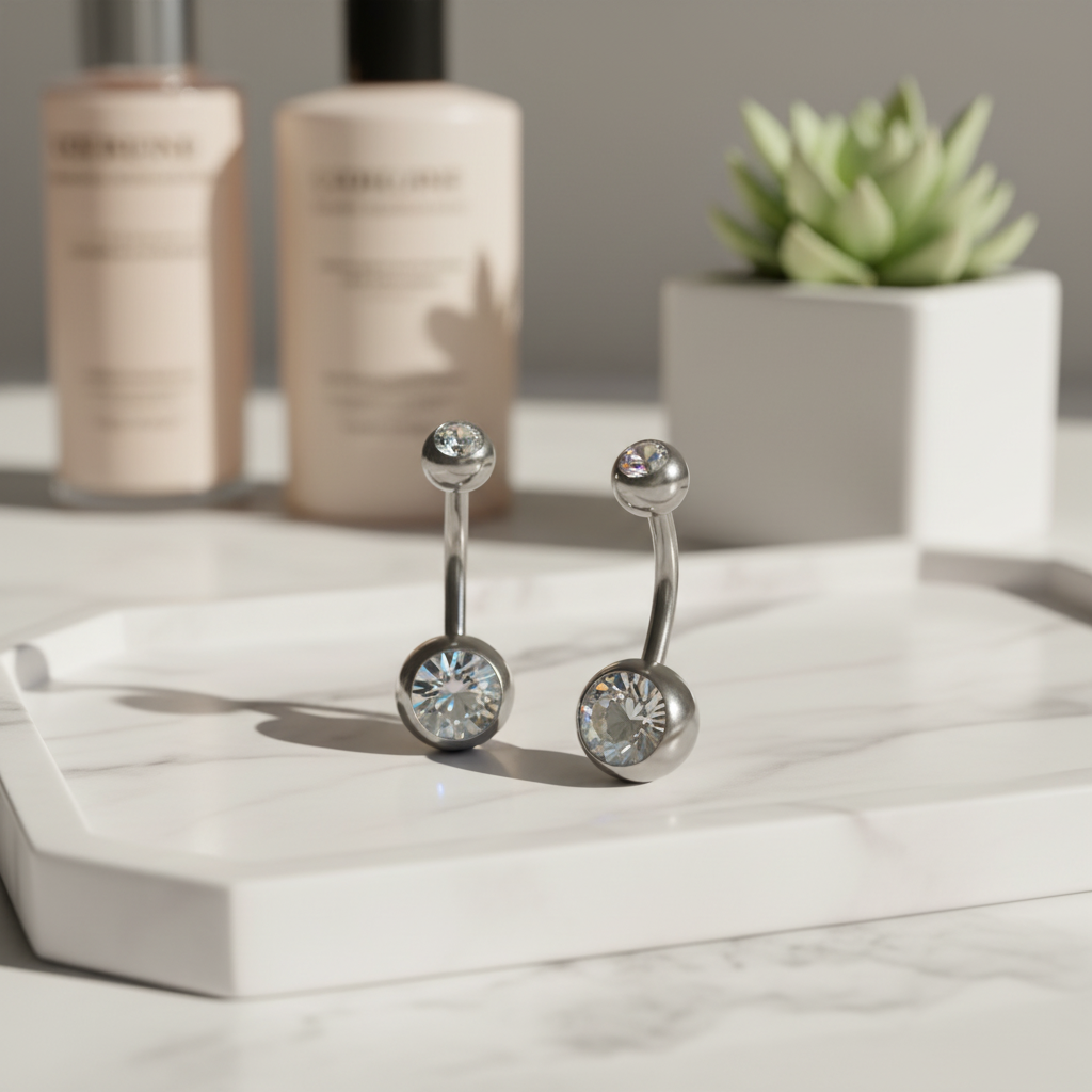 316L Surgical Steel Double Gem Cubic Zirconia Belly Navel Ring Clear Color - 8x5mm Ball - 14g Thickness - 11mm Length