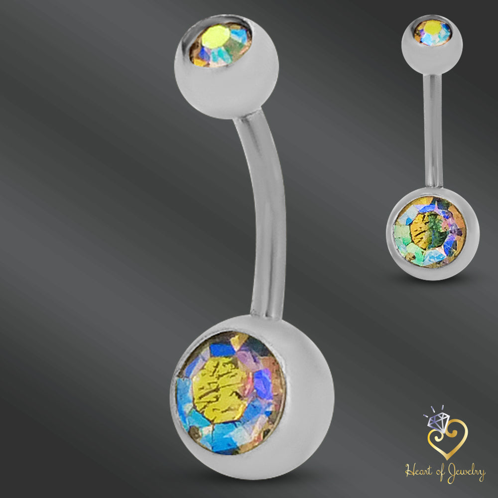 316L Surgical Steel Double Gem Cubic Zirconia Belly Navel Ring Clear Color - 8x5mm Ball - 14g Thickness - 11mm Length
