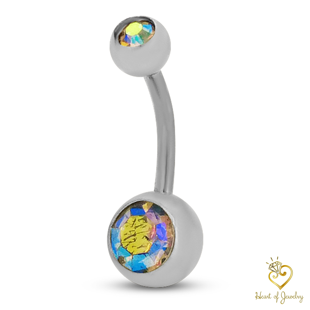 316L Surgical Steel Double Gem Cubic Zirconia Belly Navel Ring Clear Color - 8x5mm Ball - 14g Thickness - 11mm Length