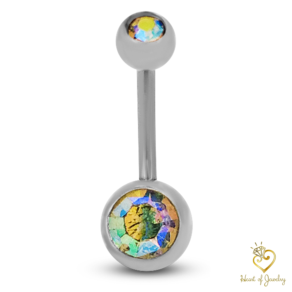 316L Surgical Steel Double Gem Cubic Zirconia Belly Navel Ring Clear Color - 8x5mm Ball - 14g Thickness - 11mm Length