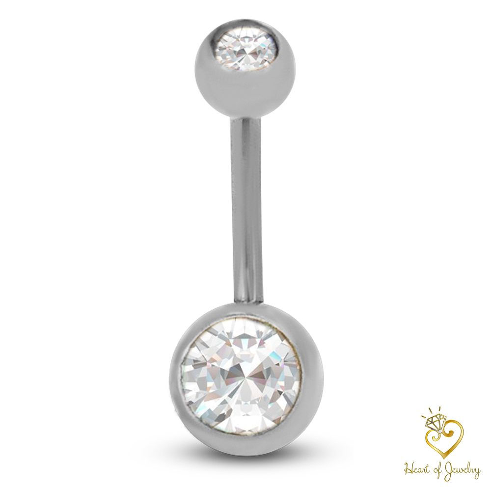 316L Surgical Steel Double Gem Cubic Zirconia Belly Navel Ring Clear Color - 8x5mm Ball - 14g Thickness - 11mm Length