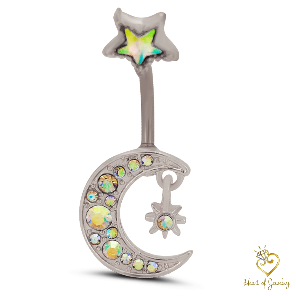 316L Surgical Steel Crescent Moon with Cubic Zirconia Design Belly Navel Ring 15.5x5mm Ball - 14g Thickness - 11mm Length