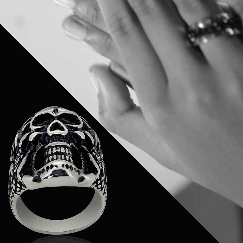 Rose Decorated Steel Claws Grasping Black Skull Stainless Steel Casting Rings