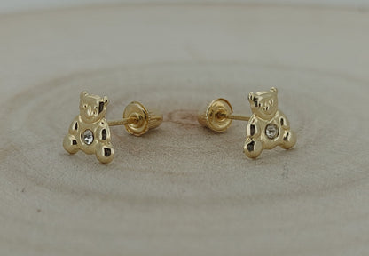 14K Solid Gold Baby Bear Earrings with Cubic Zirconia – Adorable & Safe for Infants