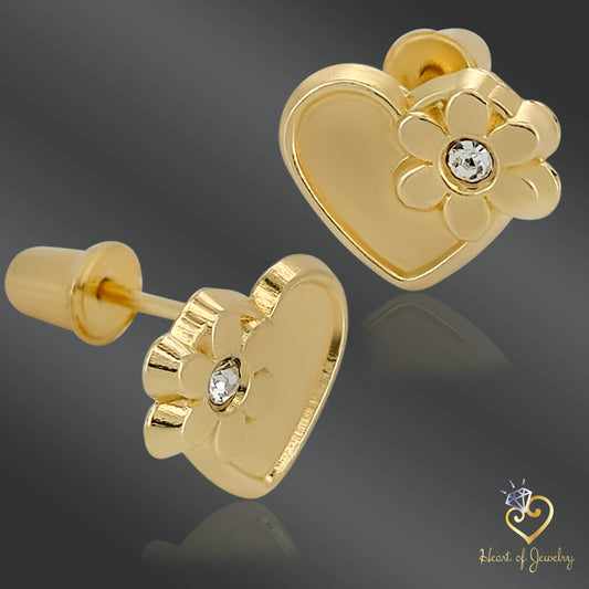 Dainty 14K Gold Heart Baby Earrings with CZ – Sweet & Safe for Little Ears