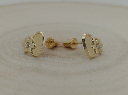 Dainty 14K Gold Heart Baby Earrings with CZ – Sweet & Safe for Little Ears