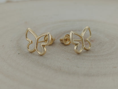 14K Solid Gold Hollow Butterfly Baby Earrings – Dainty Design with Secure Screw Backs