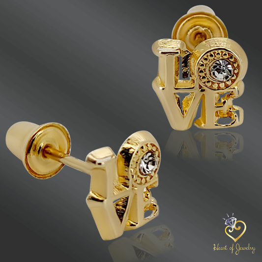 14K Solid Gold Love-Carved Baby Earrings with CZ – Secure Screw Backs for Little Ears