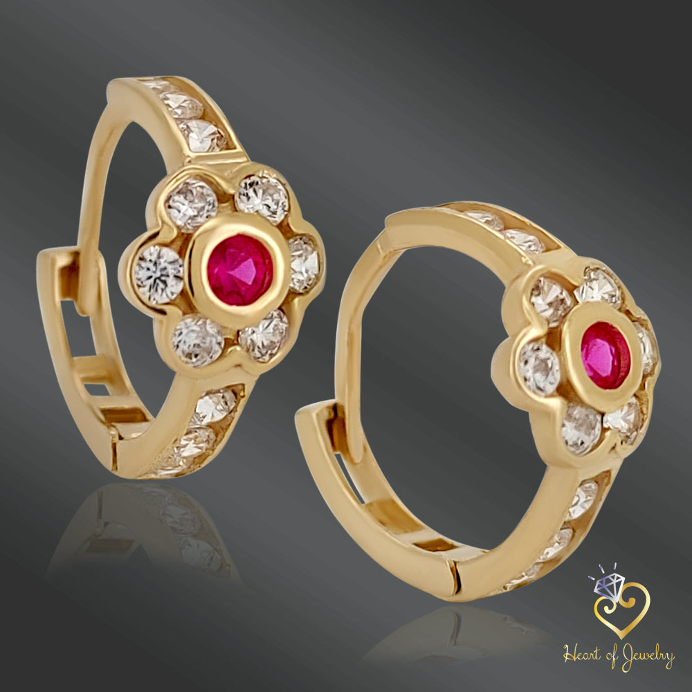 14K Solid Gold Flower-Embossed Earrings with Pink & Clear CZ – Dainty Floral Sparkle