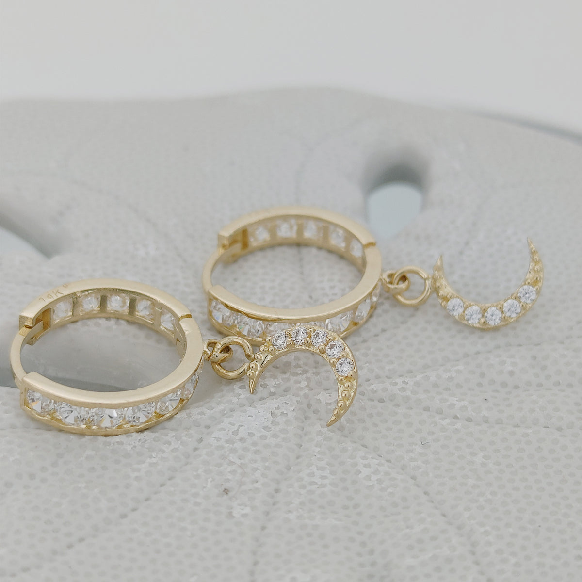 14K Gold Moon Dangle Earrings – Cubic Zirconia Accents for Starry Charm