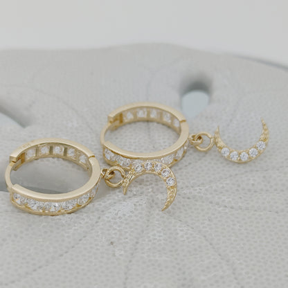 14K Gold Moon Dangle Earrings – Cubic Zirconia Accents for Starry Charm