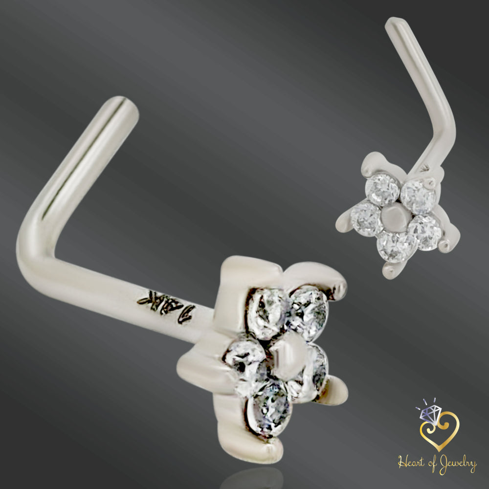 Solid 14K Gold Nose Stud – L Bend Style with Cubic Zirconia Flower, 20 gauge