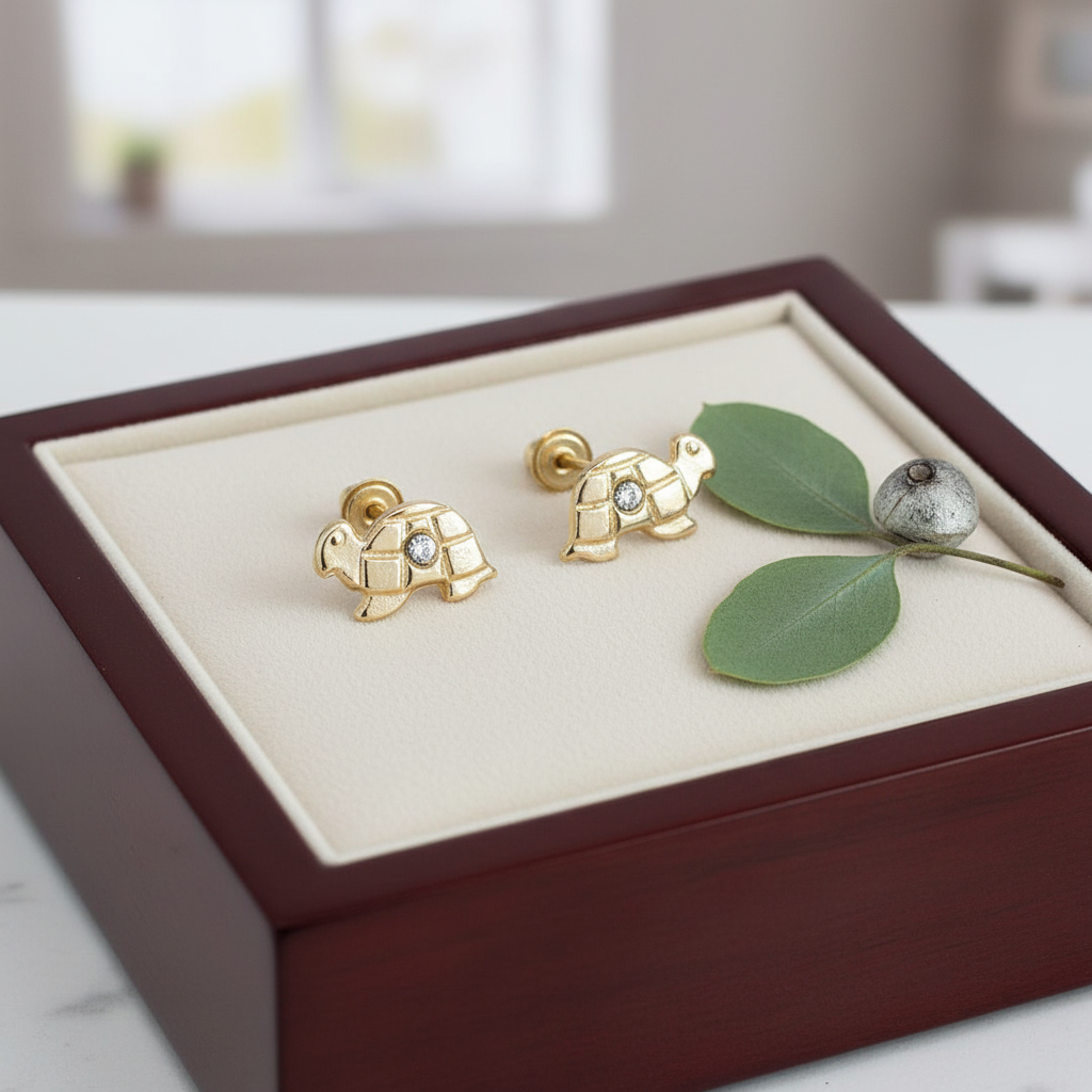 14K Solid Gold Turtle Baby Earrings with CZ – Safe Screw Backs for Little Ears