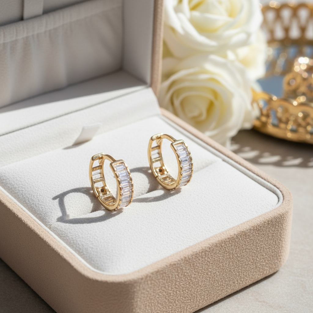 14K Solid Gold Baguette-Inspired CZ Earrings – Sleek Sparkle with Modern Elegance