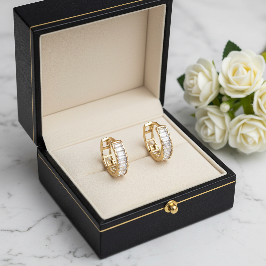 14K Solid Gold Baguette-Inspired CZ Earrings – Sleek Sparkle with Modern Elegance