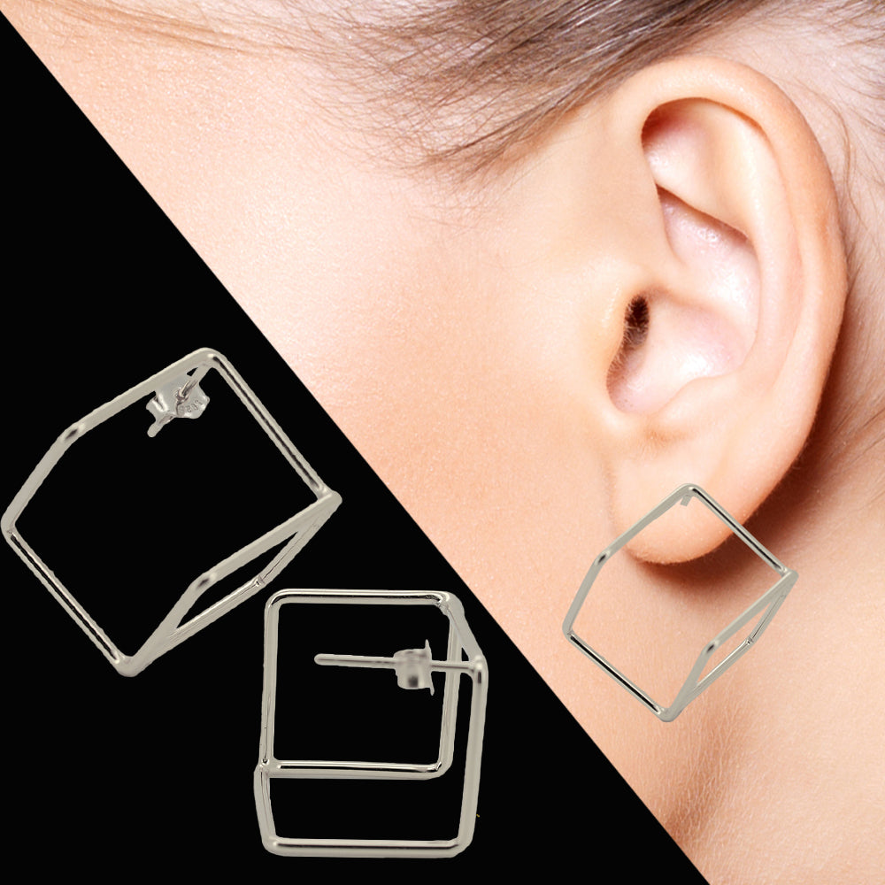Square Geometry Earrings – 925 Sterling Silver Studs for Modern Looks