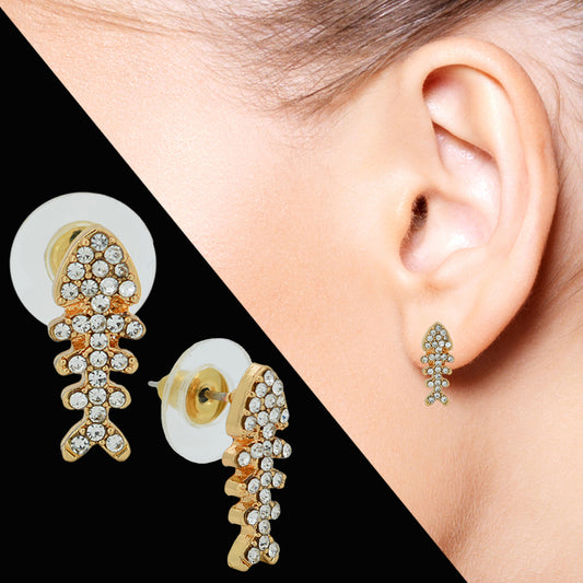 Brass Fishbone Stud Earrings – Gold Finish with Crystal Shine