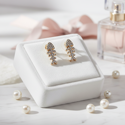 Brass Fishbone Stud Earrings – Gold Finish with Crystal Shine