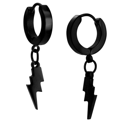 Hypoallergenic Stainless Steel Huggies Hoop Earrings with Dangling Lightning Bolt – Steel, Gold & Black Plated