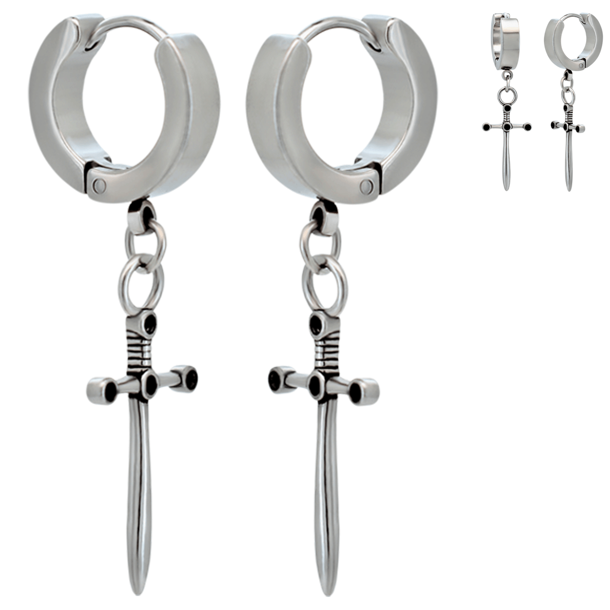 Hypoallergenic 316L Stainless Steel Medieval Dagger Huggies Hoop Earrings – Steel Plated Ear Piercing Design.