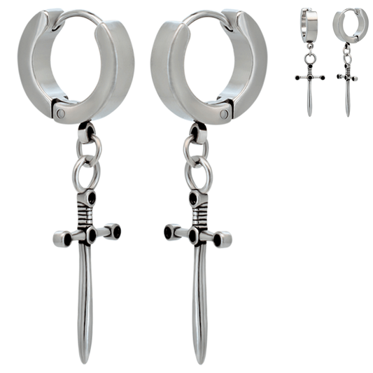 Hypoallergenic 316L Stainless Steel Medieval Dagger Huggies Hoop Earrings – Steel Plated Ear Piercing Design.