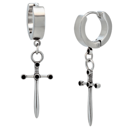 Hypoallergenic 316L Stainless Steel Medieval Dagger Huggies Hoop Earrings – Steel Plated Ear Piercing Design