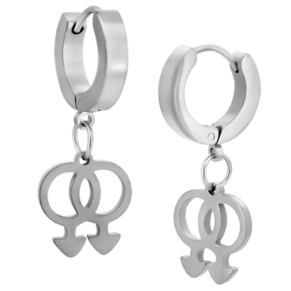 Hypoallergenic 316L Stainless Steel Dangling LGBT Pride Symbol Huggies – Steel, Gold & Black Plated Clip-On Earrings.
