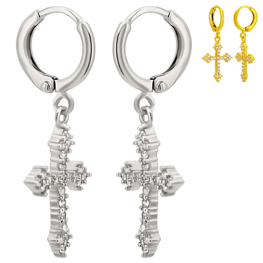 Hypoallergenic 316L Stainless Steel Dangling Cross Zircon Huggies – Gold & Steel Plated Clip-On Earrings