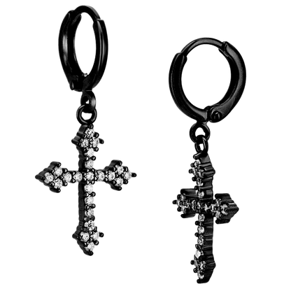 Hypoallergenic 316L Stainless Steel Dangling Cross Zircon Huggies – Gold & Steel Plated Clip-On Earrings