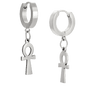 Hypoallergenic 316L Stainless Steel Dangling Ankh Cross Huggies – Steel, Gold, Black & Rainbow Plated Clip-On Earrings