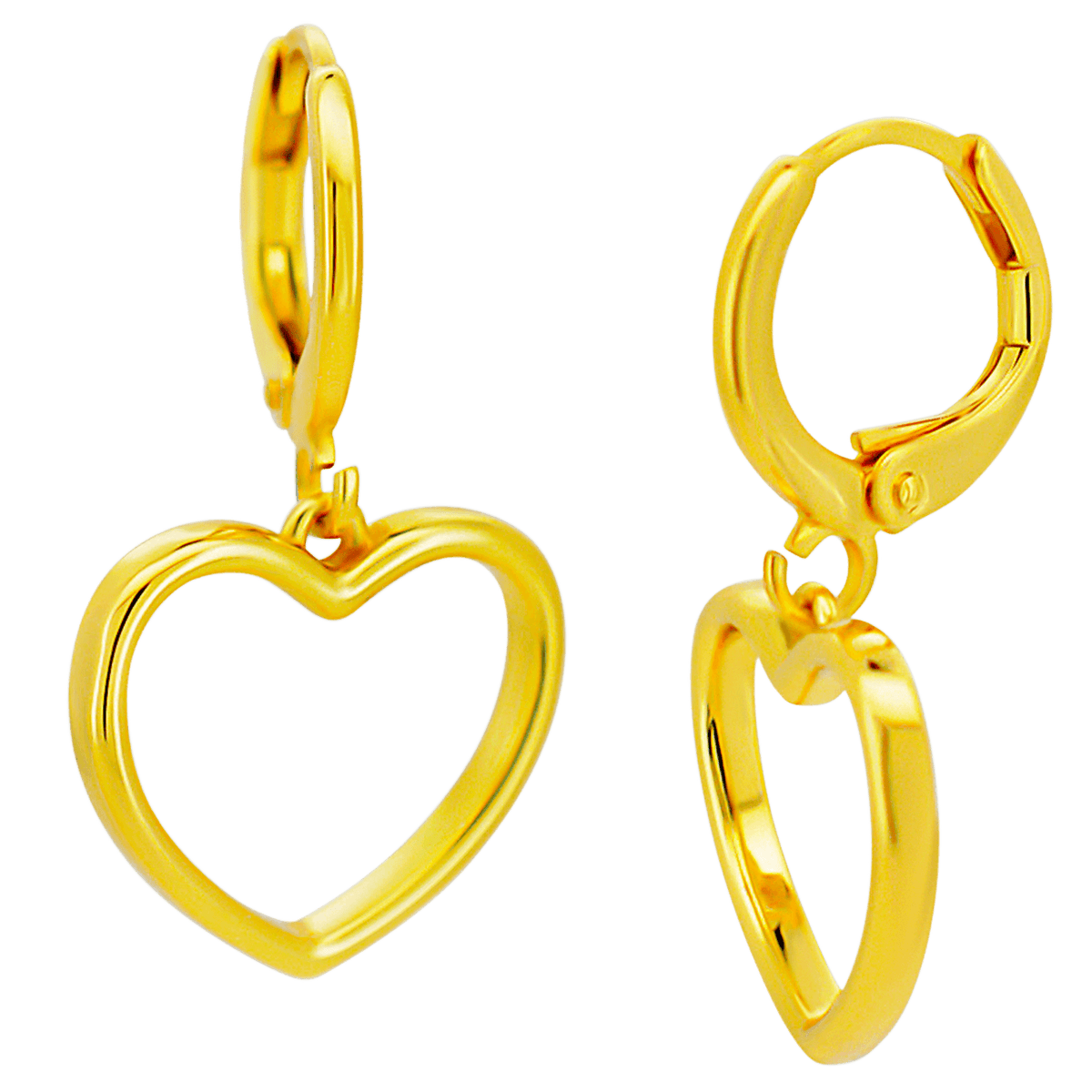 Hypoallergenic 316L Stainless Steel Hollow Heart Dangling Huggies – Clip-On Earrings in gold.
