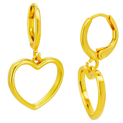 Hypoallergenic 316L Stainless Steel Hollow Heart Dangling Huggies – Clip-On Earrings in gold.