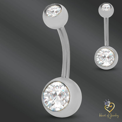 316L Surgical Steel Double Gem Cubic Zirconia Belly Navel Ring  Clear Color - 8x5mm Ball - 14g Thickness - 11mm Length