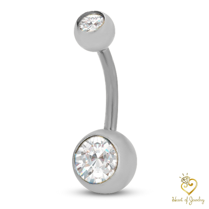 316L Surgical Steel Double Gem Cubic Zirconia Belly Navel Ring  Clear Color - 8x5mm Ball - 14g Thickness - 11mm Length