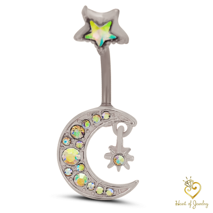 316L Surgical Steel Crescent Moon with Cubic Zirconia Design Belly Navel Ring 15.5x5mm Ball - 14g Thickness - 11mm Length