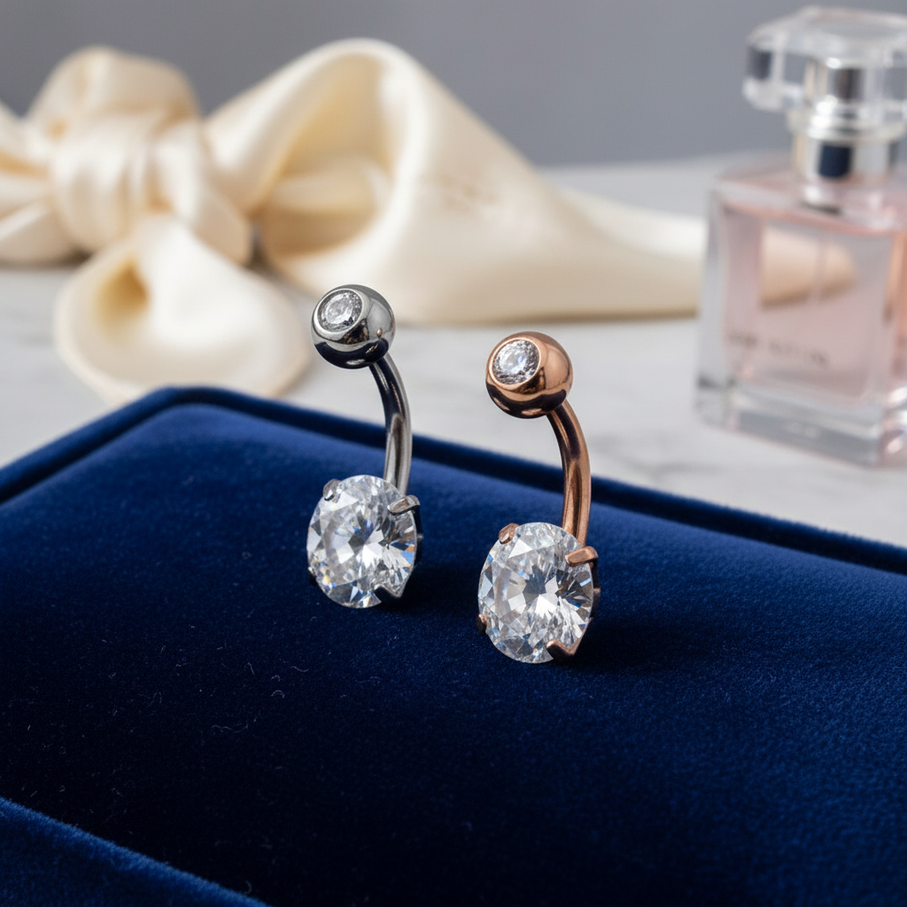 316L Surgical Steel Prong Set Cubic Zirconia Belly Navel Ring  Steel Clear Color - 8x5mm Ball - 14g Thickness - 10mm Length