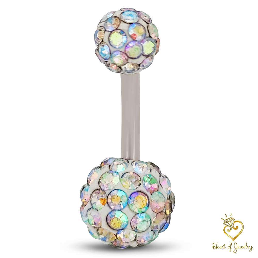 316L Surgical Steel Multi Cubic Zirconia Disco Ball Design  Belly Navel Ring  Steel  - 8x5mm Ball - 14g Thickness - 10mm Length