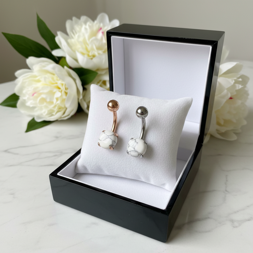 316L Surgical Steel Prong Set Howlite Resemble Stone Belly Navel Ring  Steel Color - 8x5mm Ball - 14g Thickness - 11mm Length