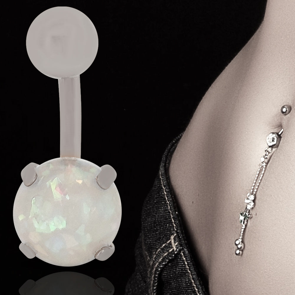 316L Surgical Steel Prong Set Opalite Resemble Belly Navel Ring  Steel Color - 8x5mm Ball - 14g Thickness - 10mm Length