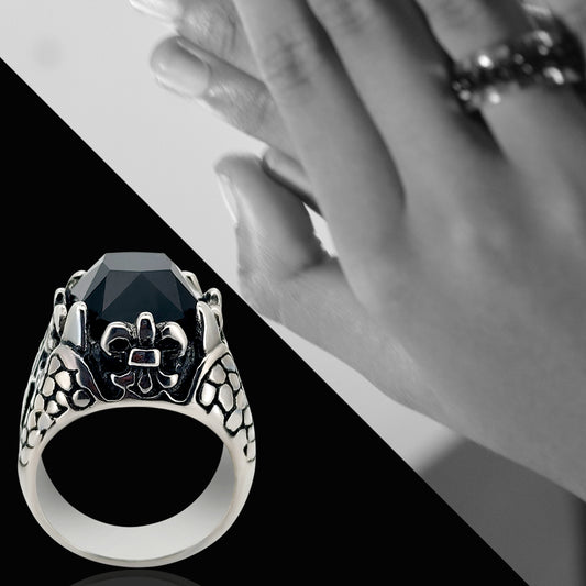 Faceted Onyx Square Gem Royal Fleur De  Lis Dragon Claw Cast Ring Stainless Steel
