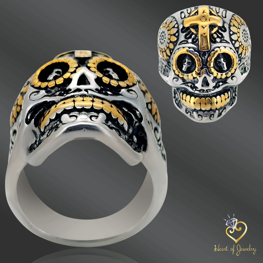 Gold Cross Day of the Dead Skull Ring – Stainless Steel Casting